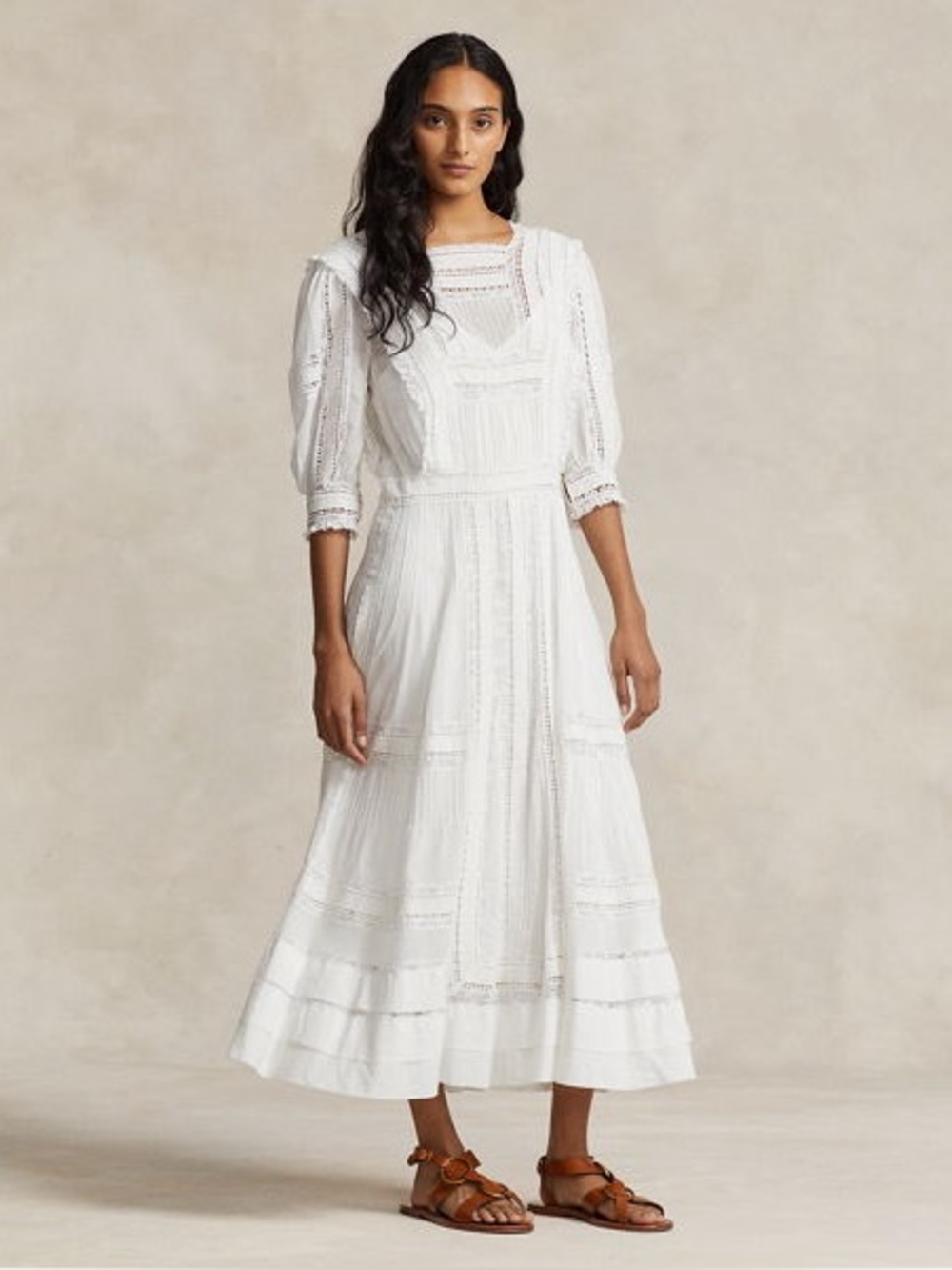 Polo Ralph Lauren - Cotton Voile Midi Dress White Vintage Style Dress